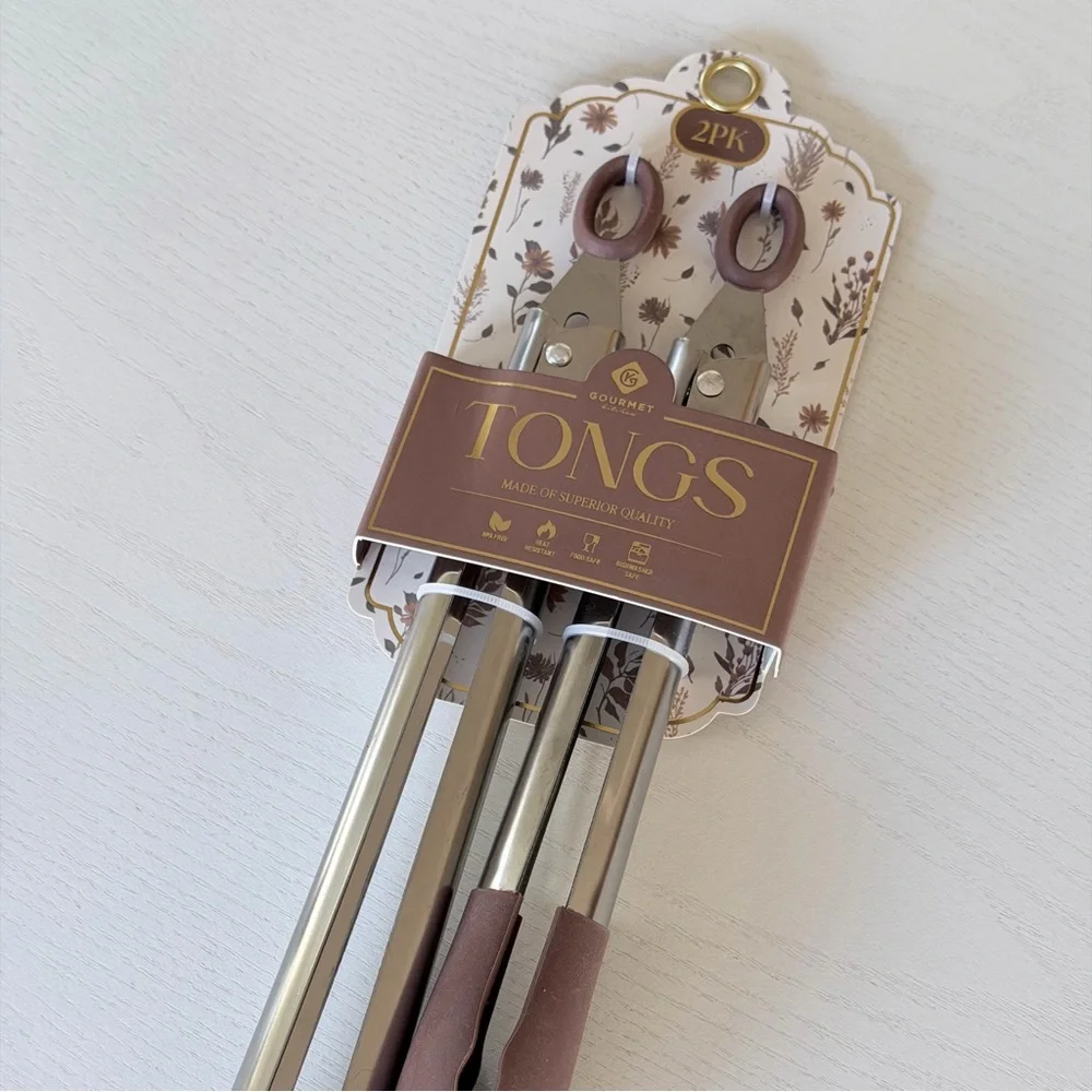 Brown and Silver Gourmet Superior Quality Kitchen Tongs Set of 2